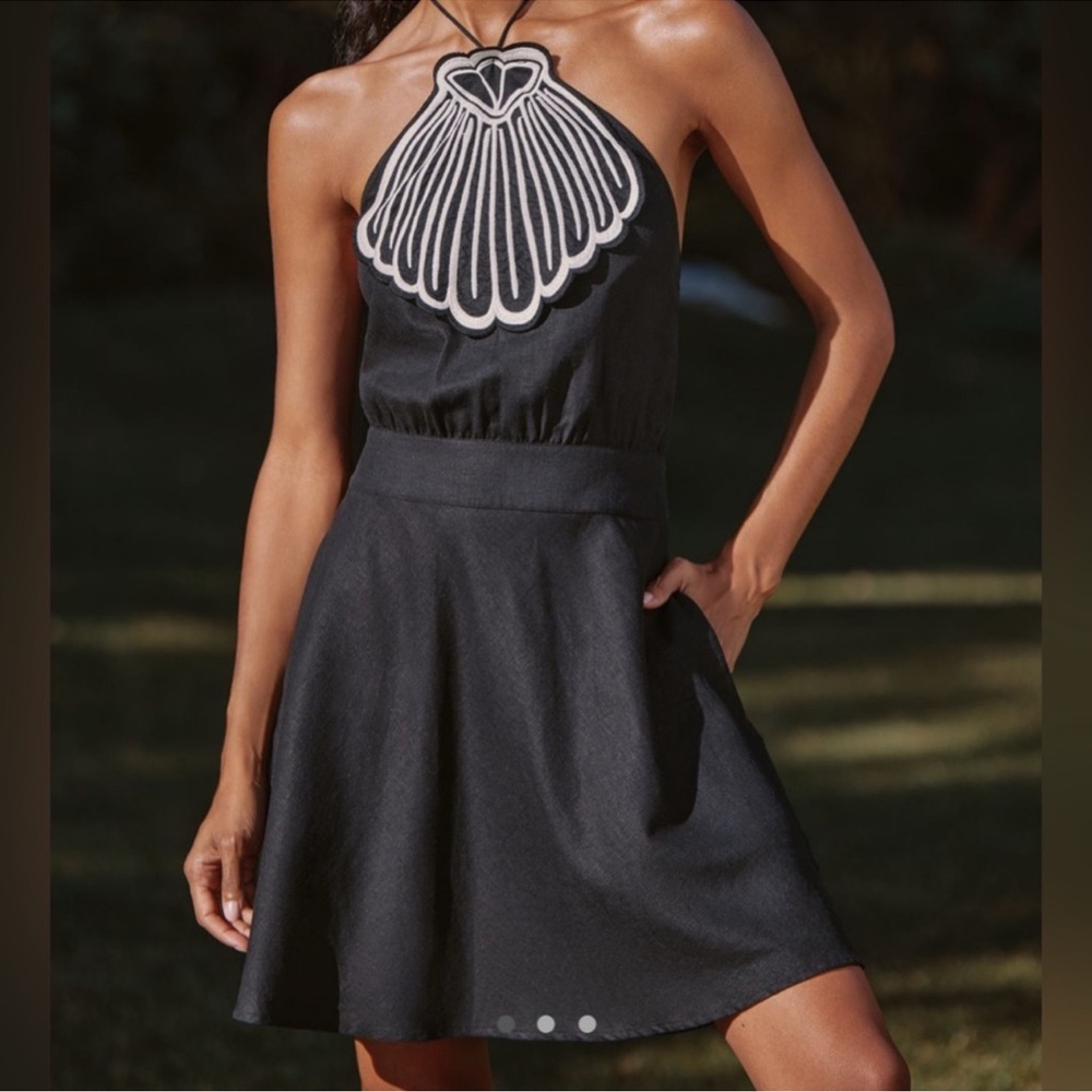 Farm rio Black Halter Dress with White Embroidery